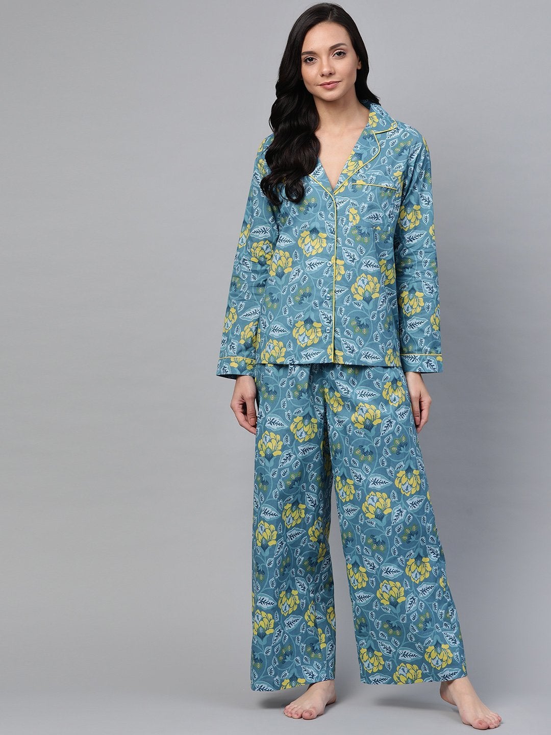 Women's Teal Floral Night Suit - SASSAFRAS