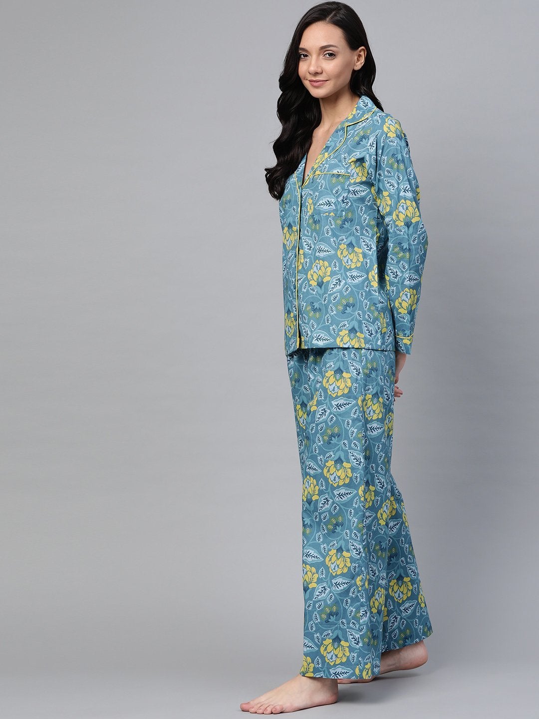 Women's Teal Floral Night Suit - SASSAFRAS