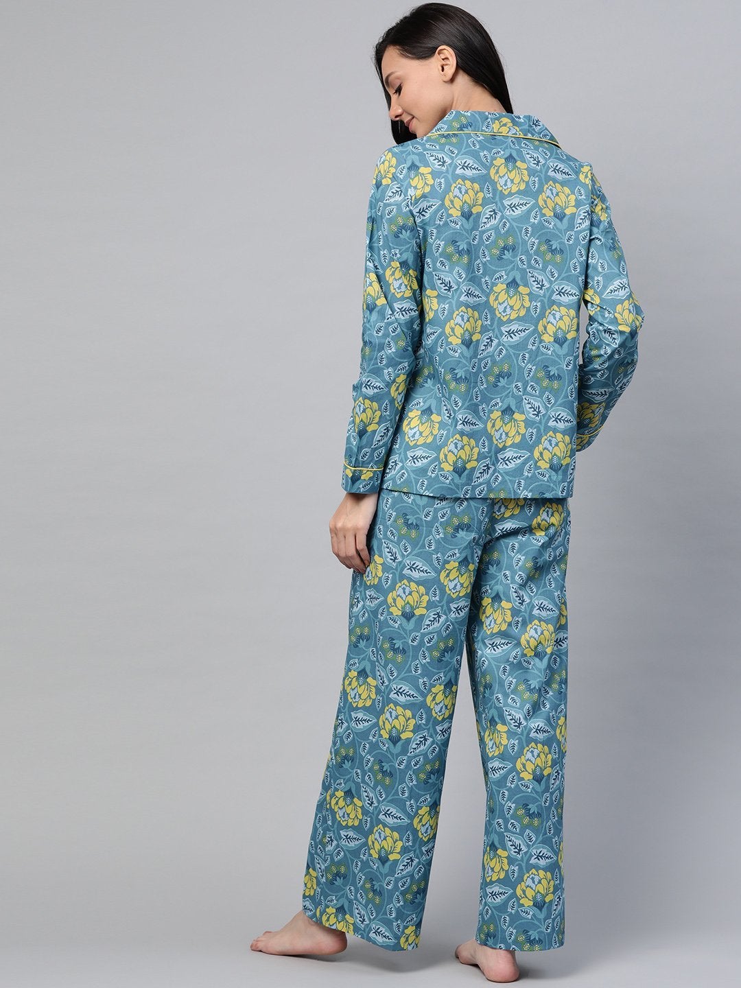 Women's Teal Floral Night Suit - SASSAFRAS