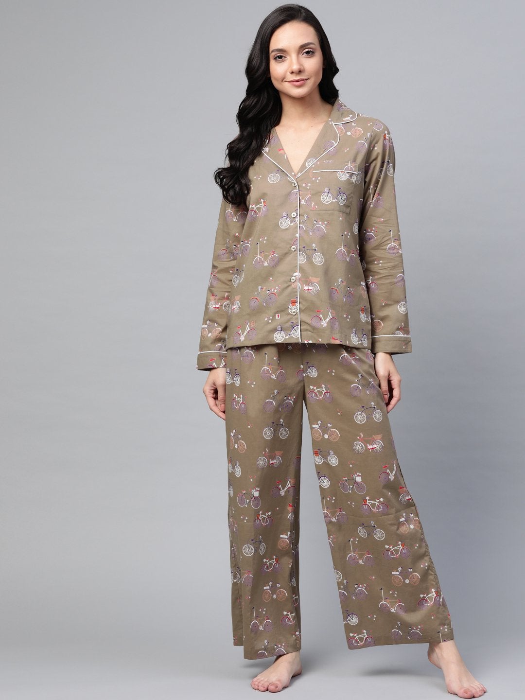 Women's Taupe Cycle Print Night Suit - SASSAFRAS