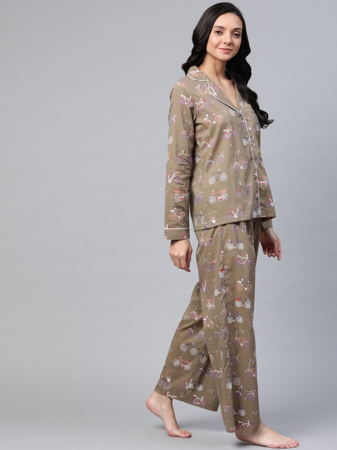 Women's Taupe Cycle Print Night Suit - SASSAFRAS