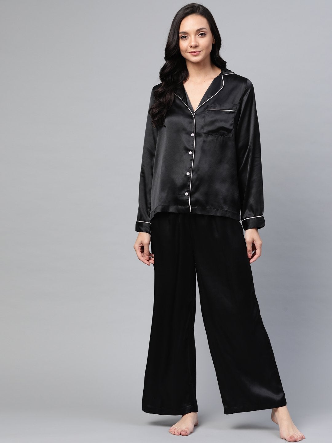 Women's Black Satin Night Suit - SASSAFRAS