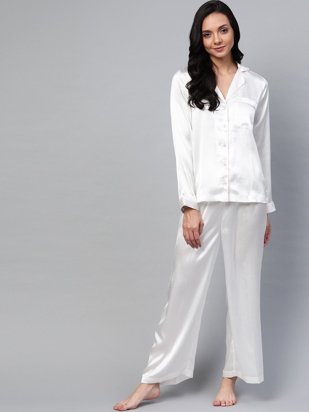 Women's White Satin Night Suit - SASSAFRAS