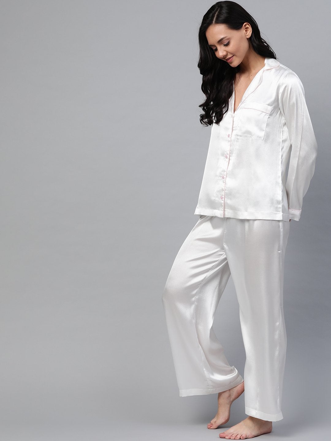 Women's White Satin Night Suit - SASSAFRAS