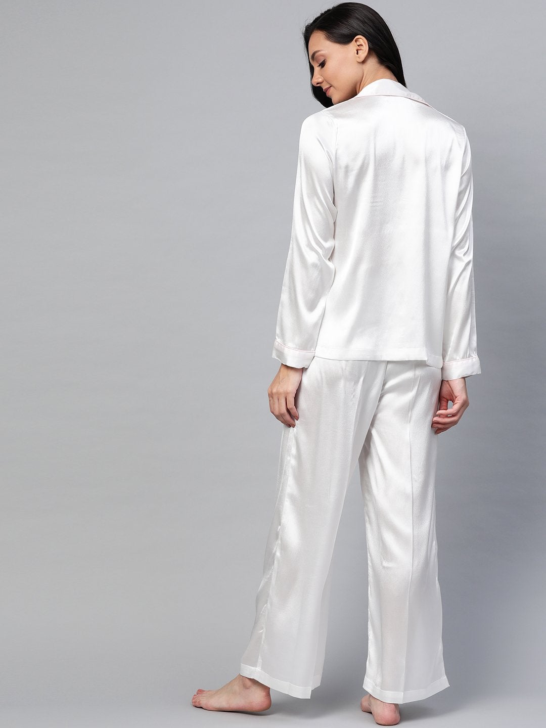 Women's White Satin Night Suit - SASSAFRAS