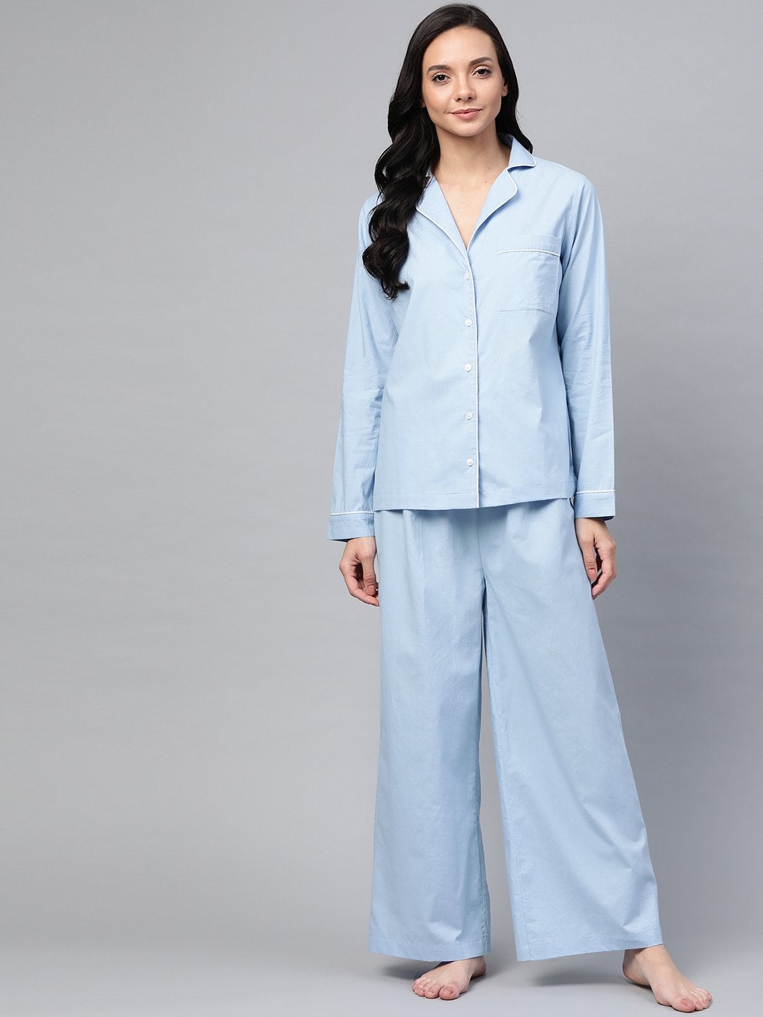 Women's Blue Cotton Night Suit - SASSAFRAS