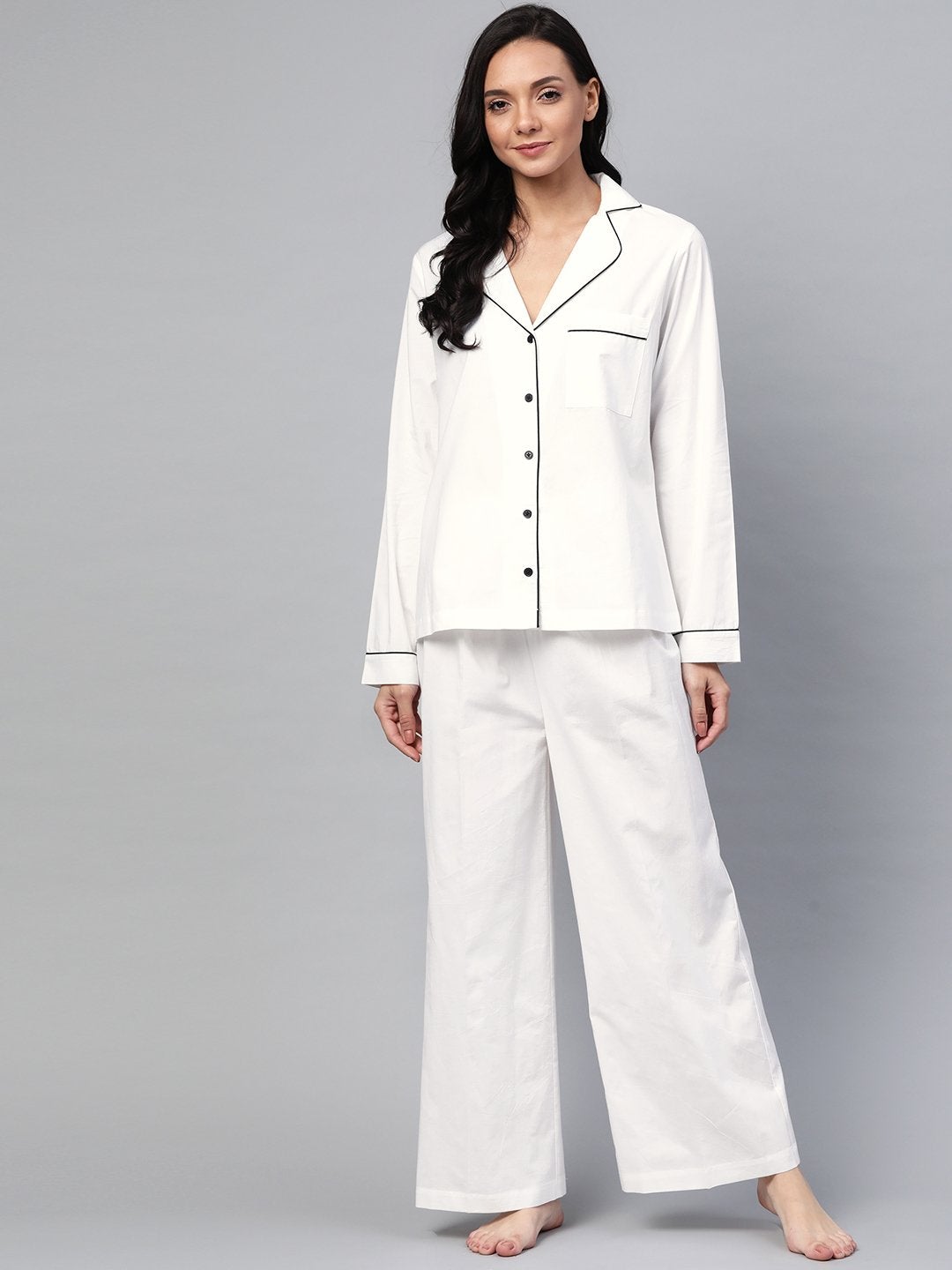 Women's Off-White Cotton Night Suit - SASSAFRAS