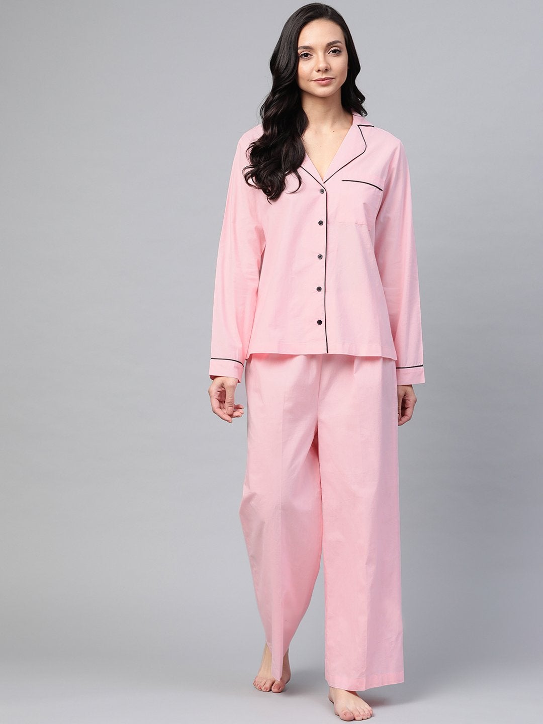 Women's Pink Cotton Night Suit - SASSAFRAS