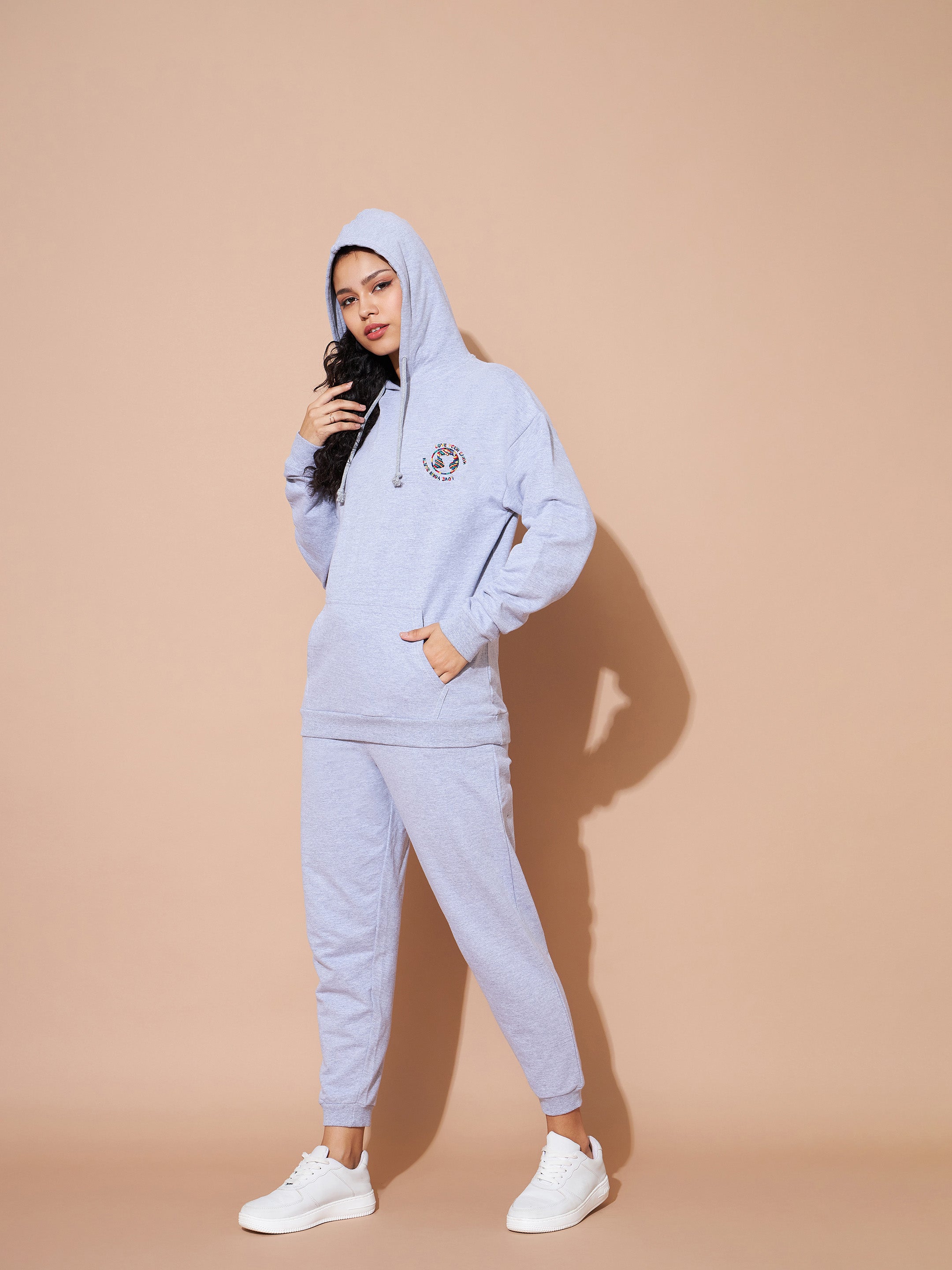 Women's Grey Embroidered Oversized Hoodie With Track Pants - Lyush