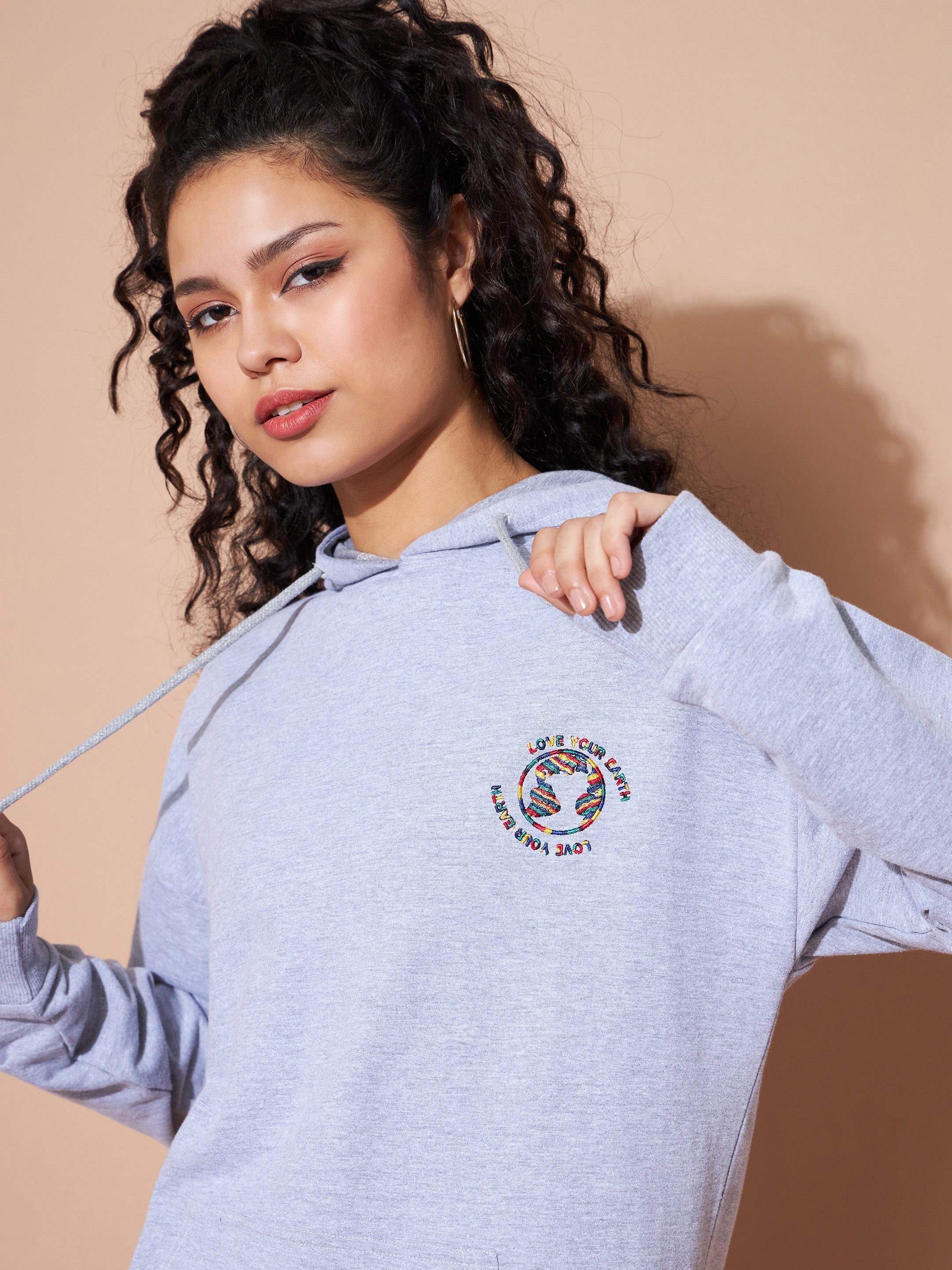Women's Grey Embroidered Oversized Hoodie With Track Pants - Lyush