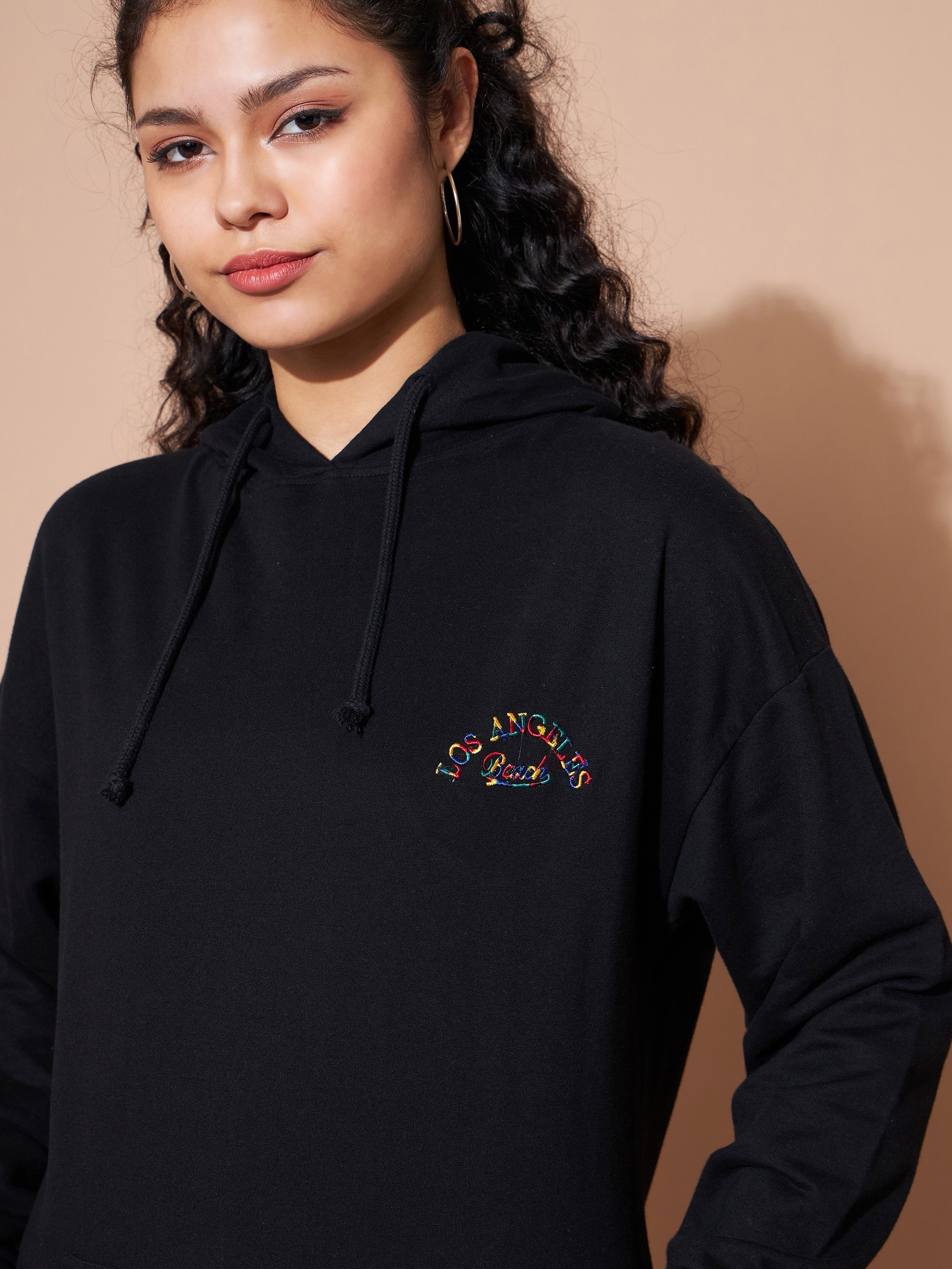 Women's Black Embroidered Oversized Hoodie With Track Pants - Lyush