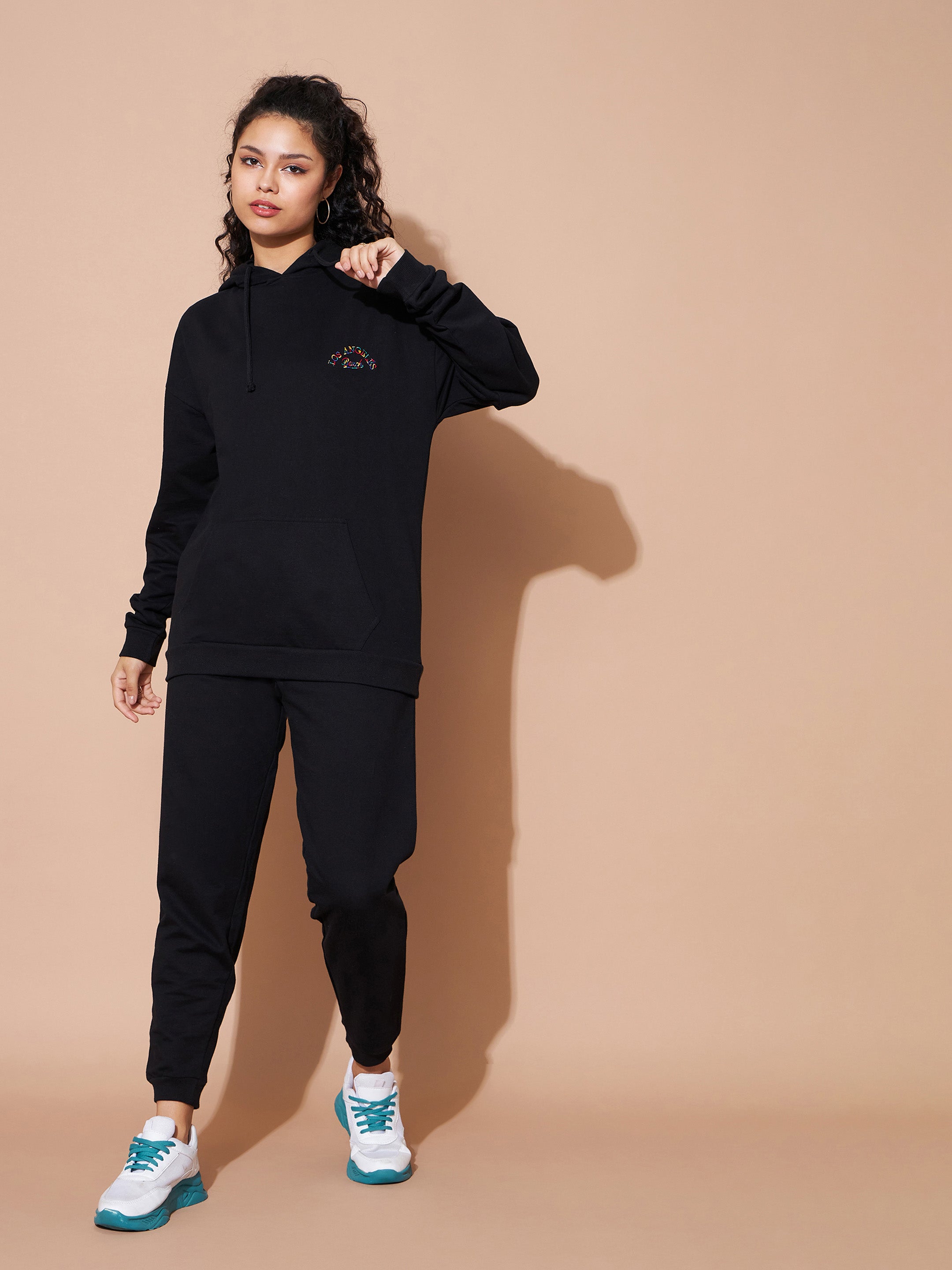 Women's Black Embroidered Oversized Hoodie With Track Pants - Lyush