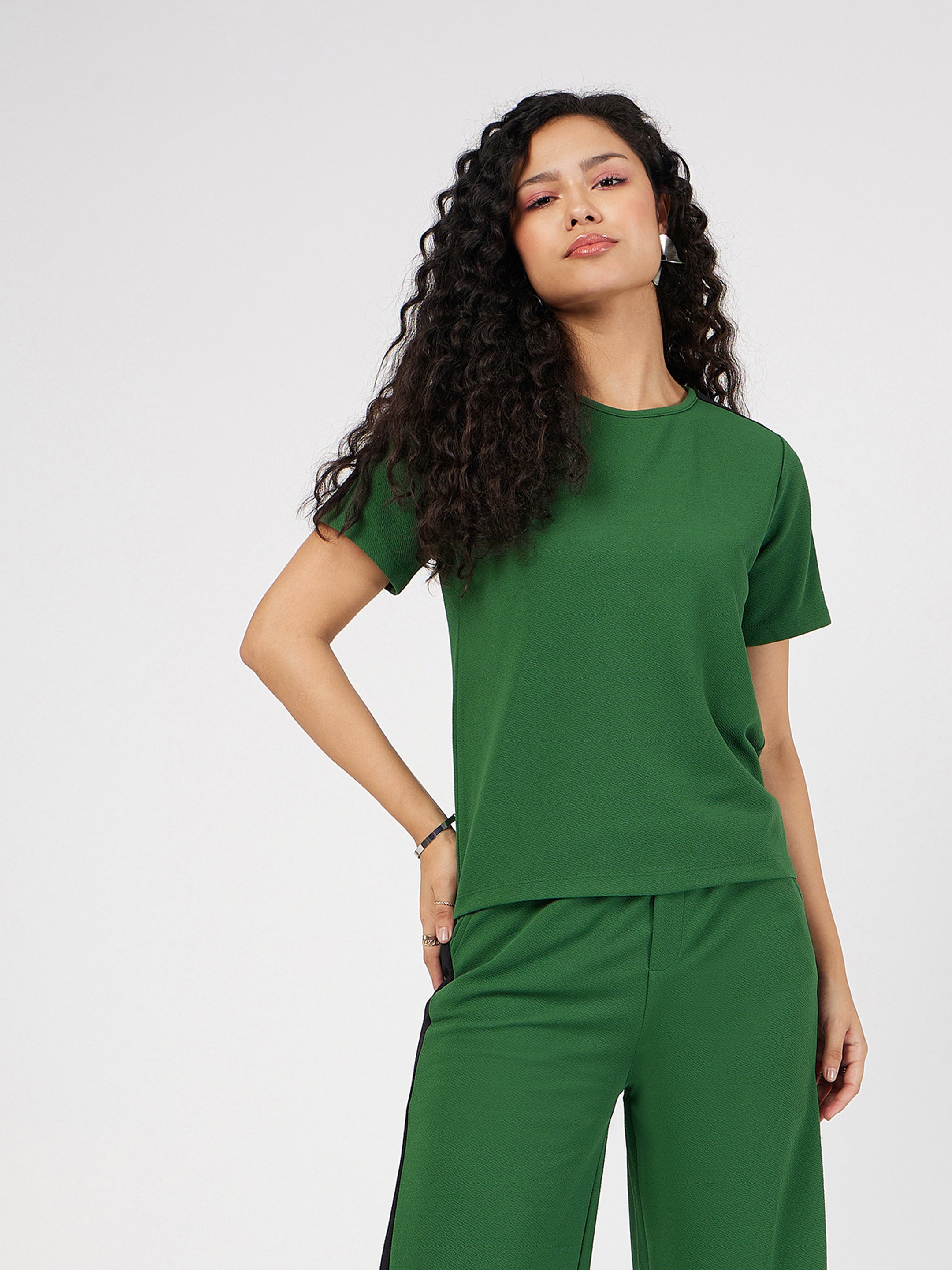 Women's Green Contrast Tape T-Shirt With Track Pants - Lyush