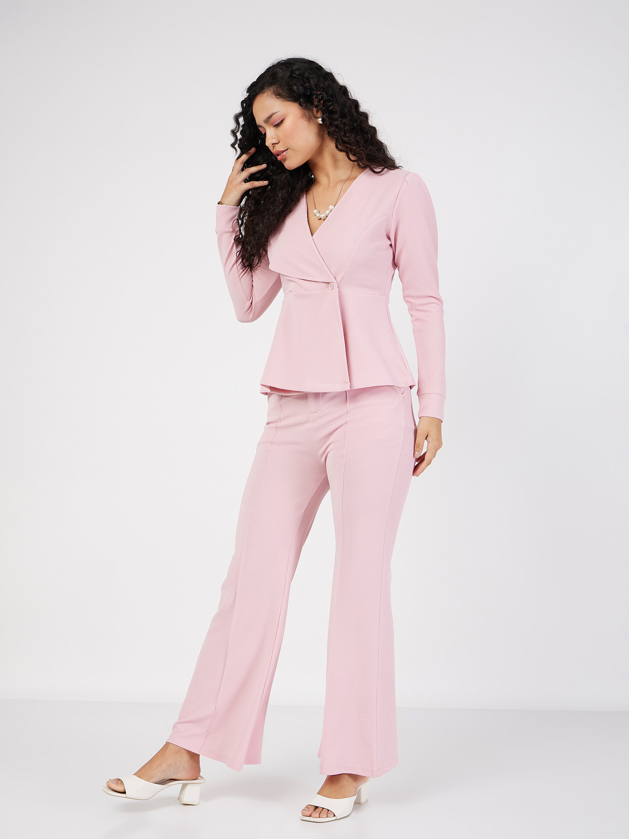 Women's Pink Wrap Peplum Top With Bellbottom Pants - Lyush