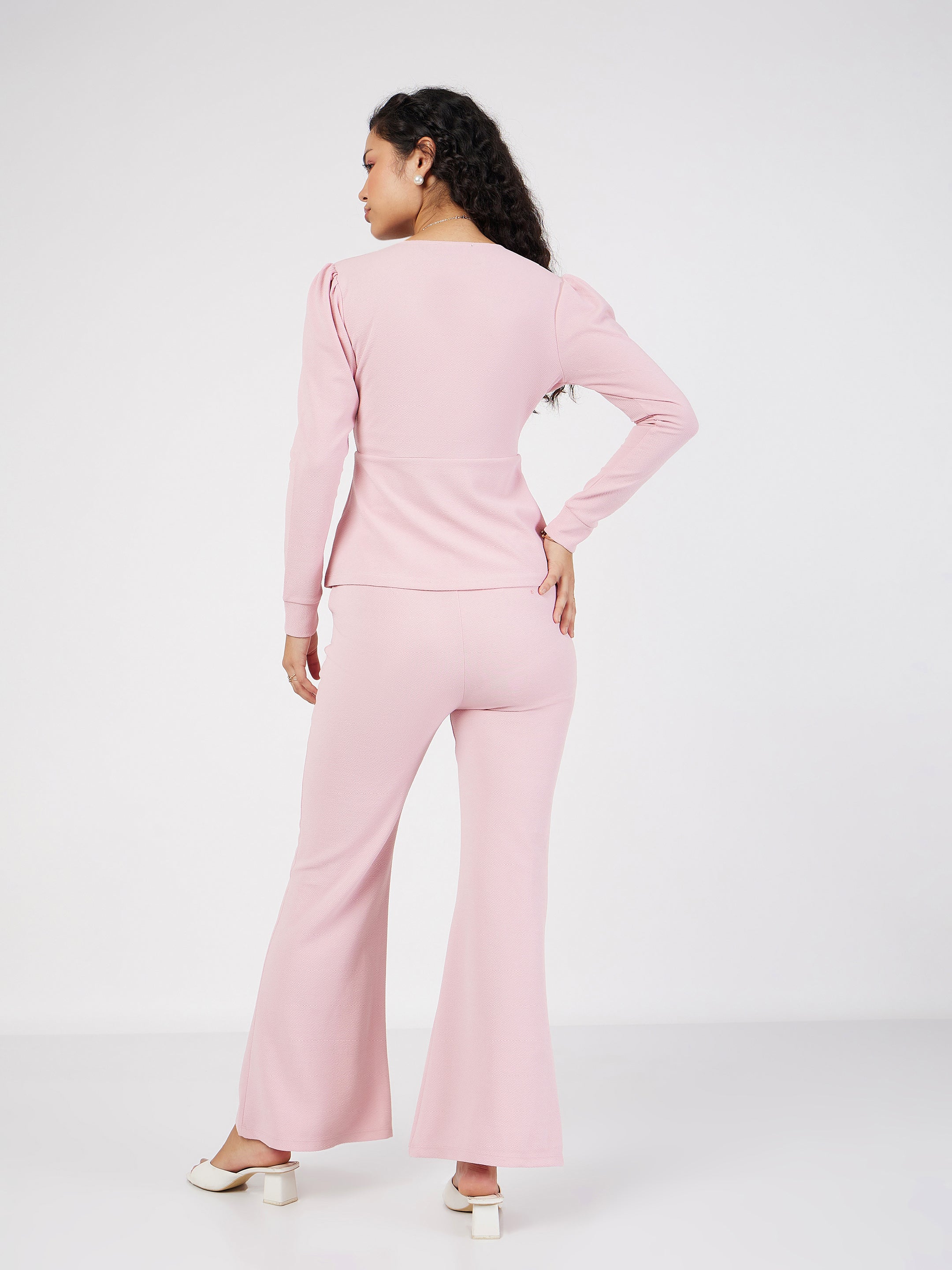 Women's Pink Wrap Peplum Top With Bellbottom Pants - Lyush