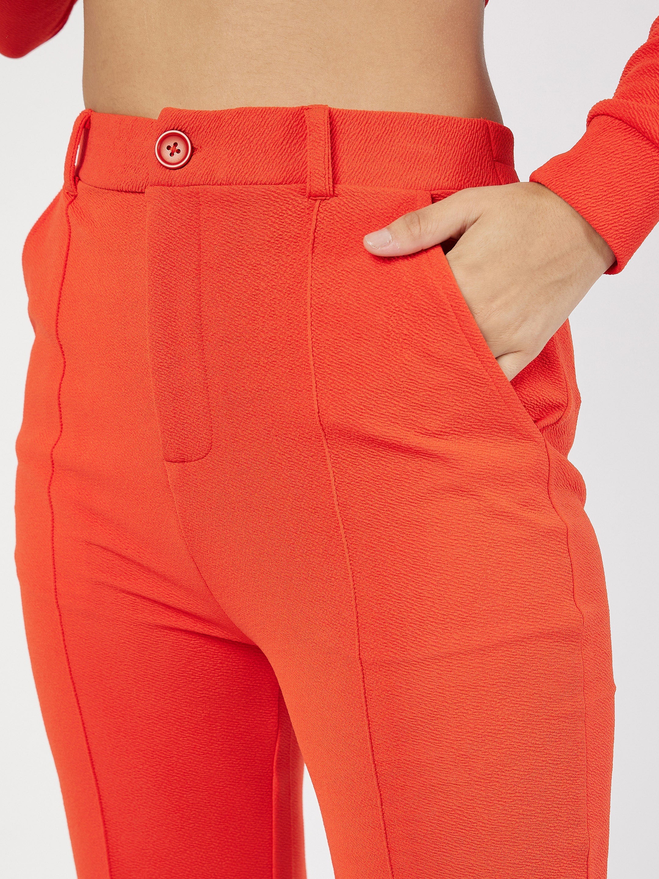 Women's Orange Wrap Peplum Top With Bellbottom Pants - Lyush