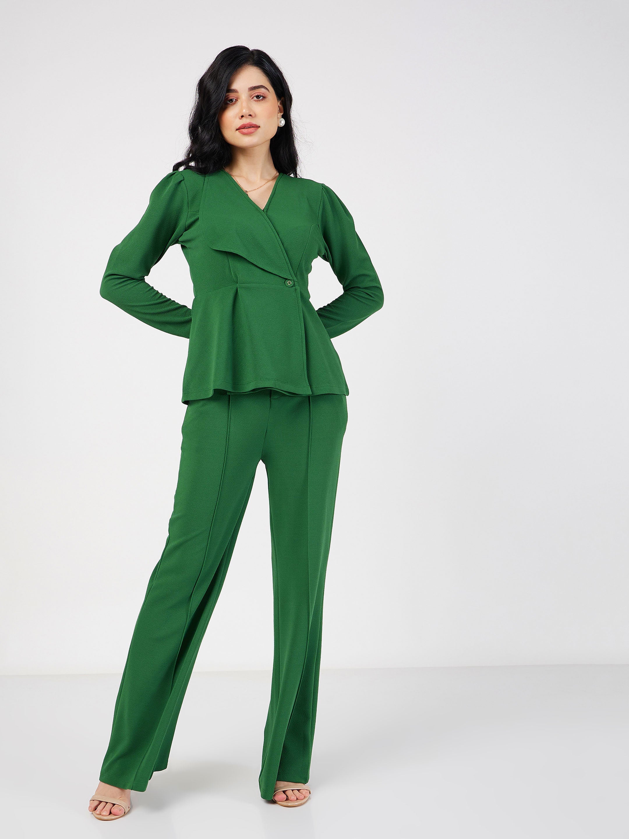 Women's Green Wrap Peplum Top With Bellbottom Pants - Lyush