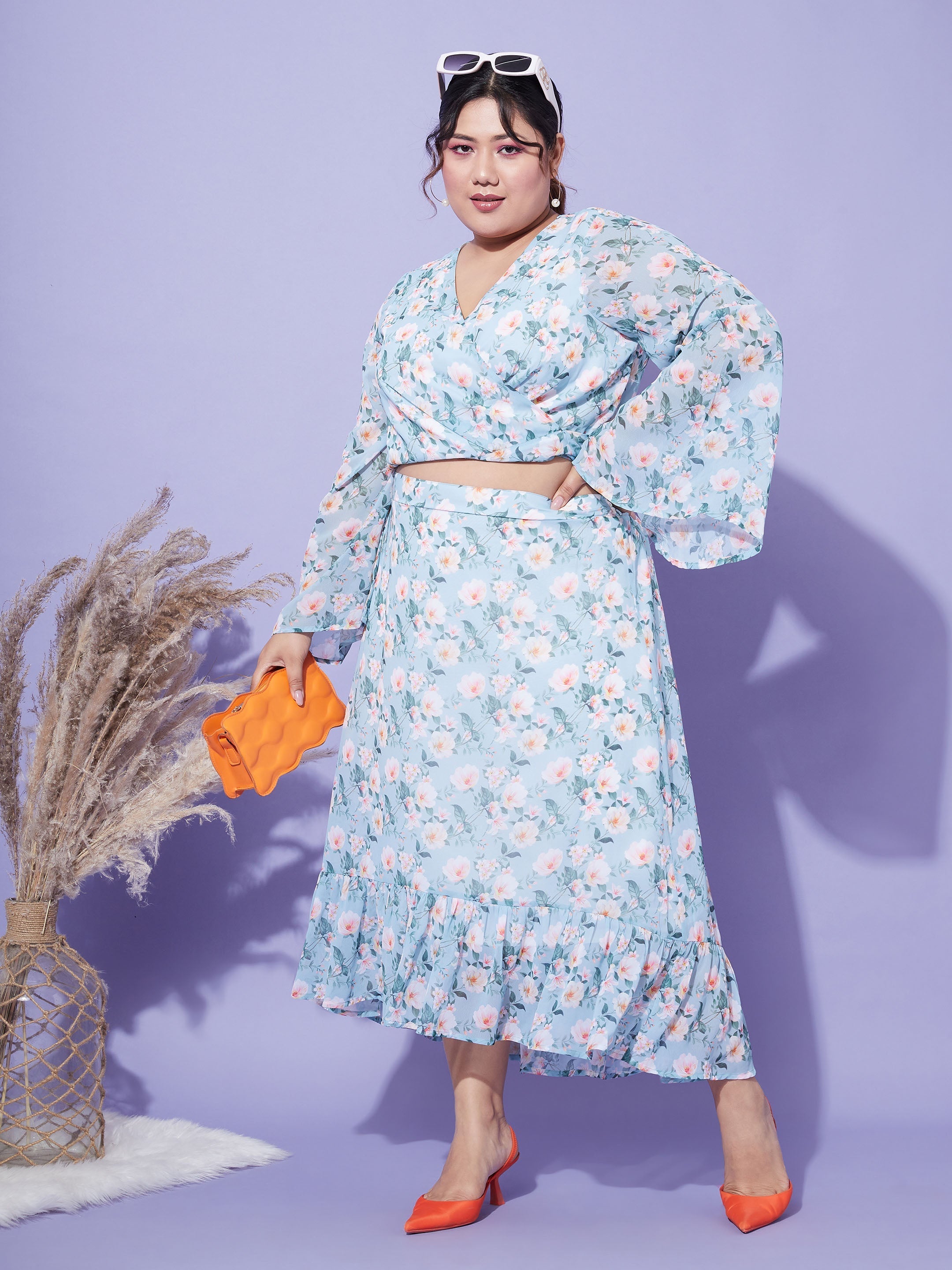Women's Turquoise Floral Crop Top With Midi Skirt - SASSAFRAS