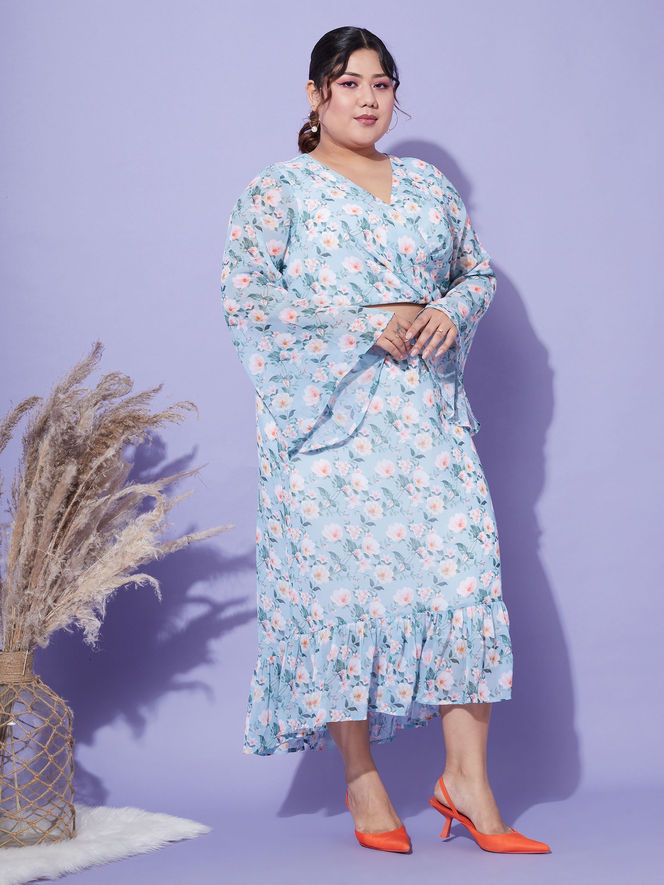 Women's Turquoise Floral Crop Top With Midi Skirt - SASSAFRAS