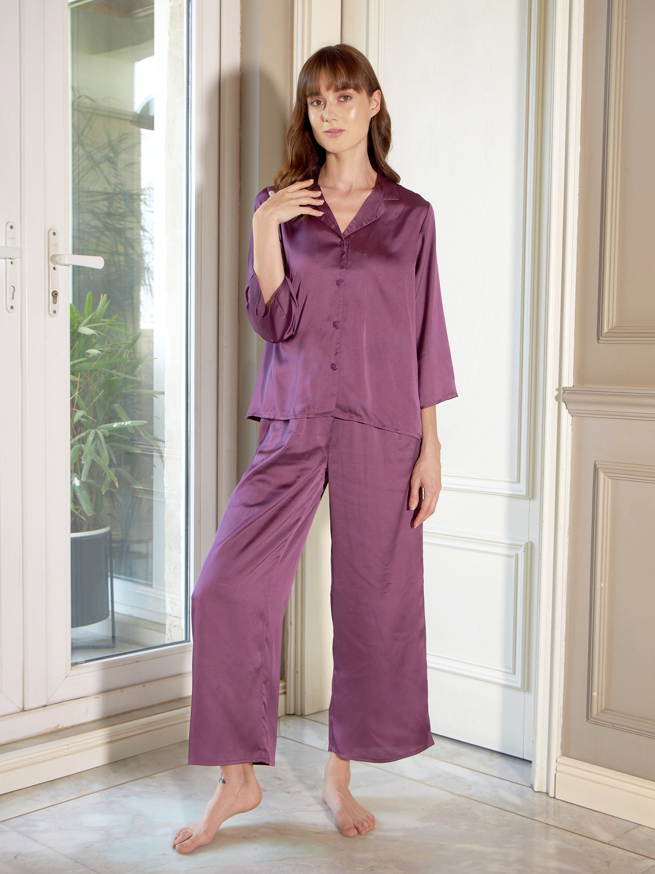 Women's Purple Satin Shirt With Lounge Pants - SASSAFRAS