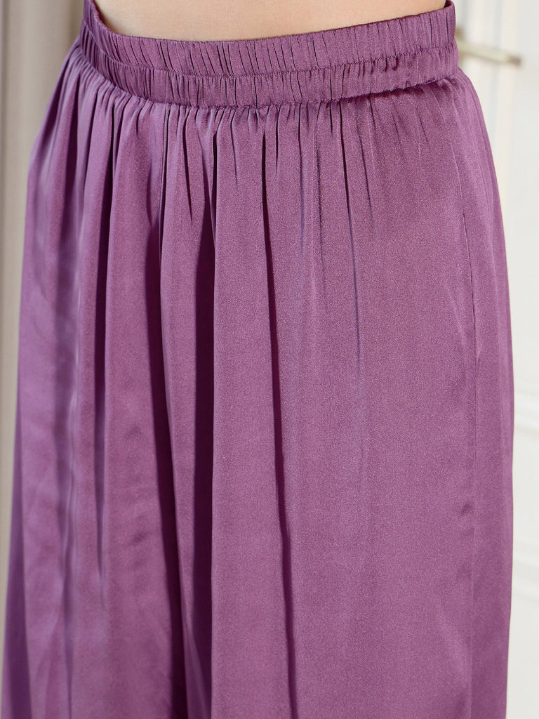 Women's Purple Satin Shirt With Lounge Pants