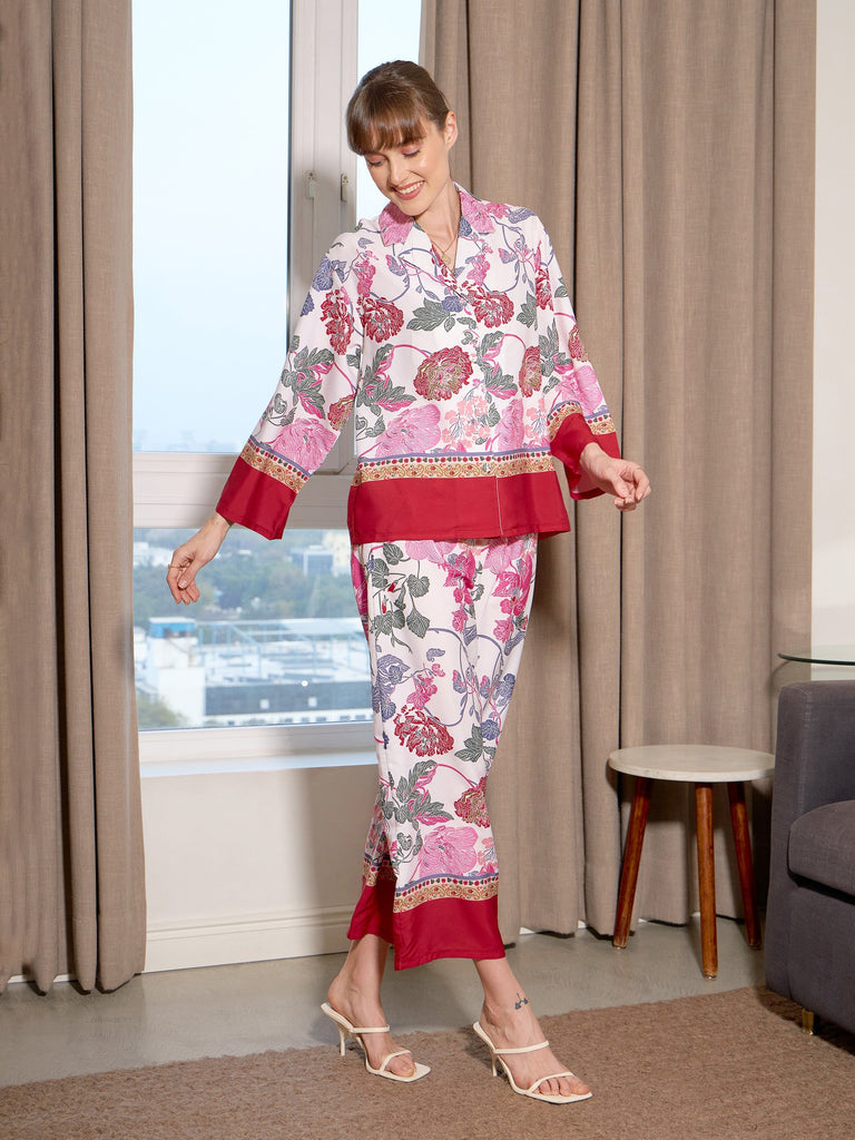 Women's White Floral Notch Collar Shirt With Lounge Pants