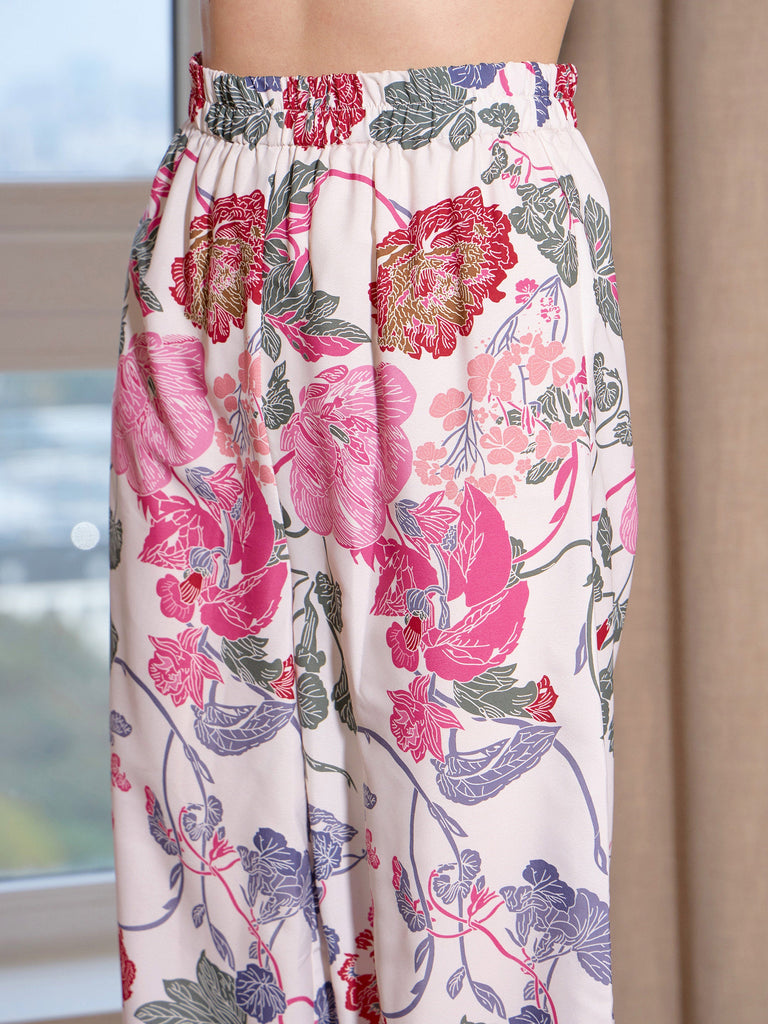 Women's White Floral Notch Collar Shirt With Lounge Pants
