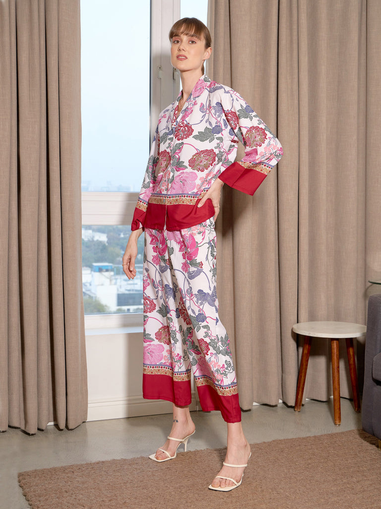 Women's White Floral Notch Collar Shirt With Lounge Pants