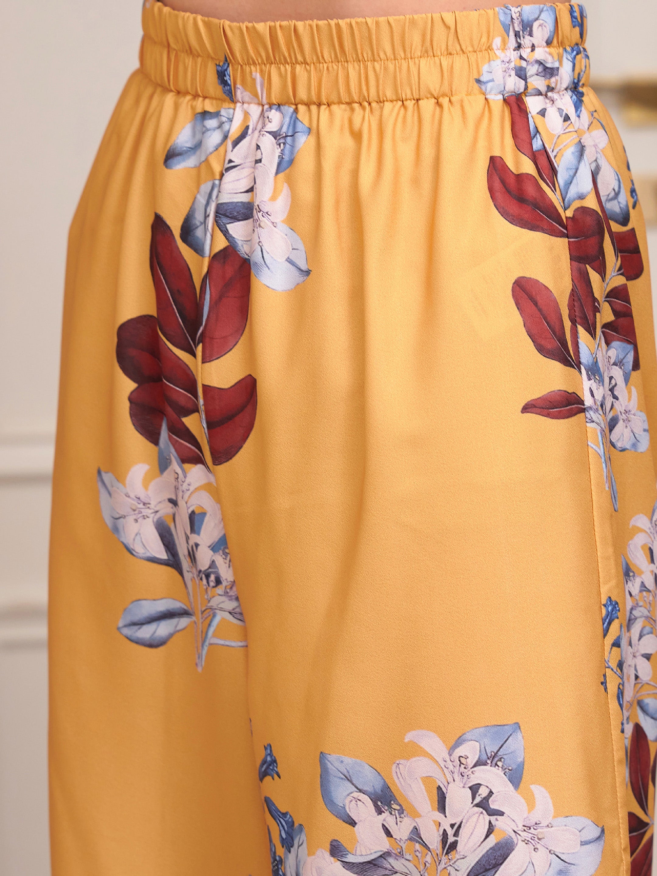 Women's Yellow Floral Notch Collar Shirt With Lounge Pants - SASSAFRAS