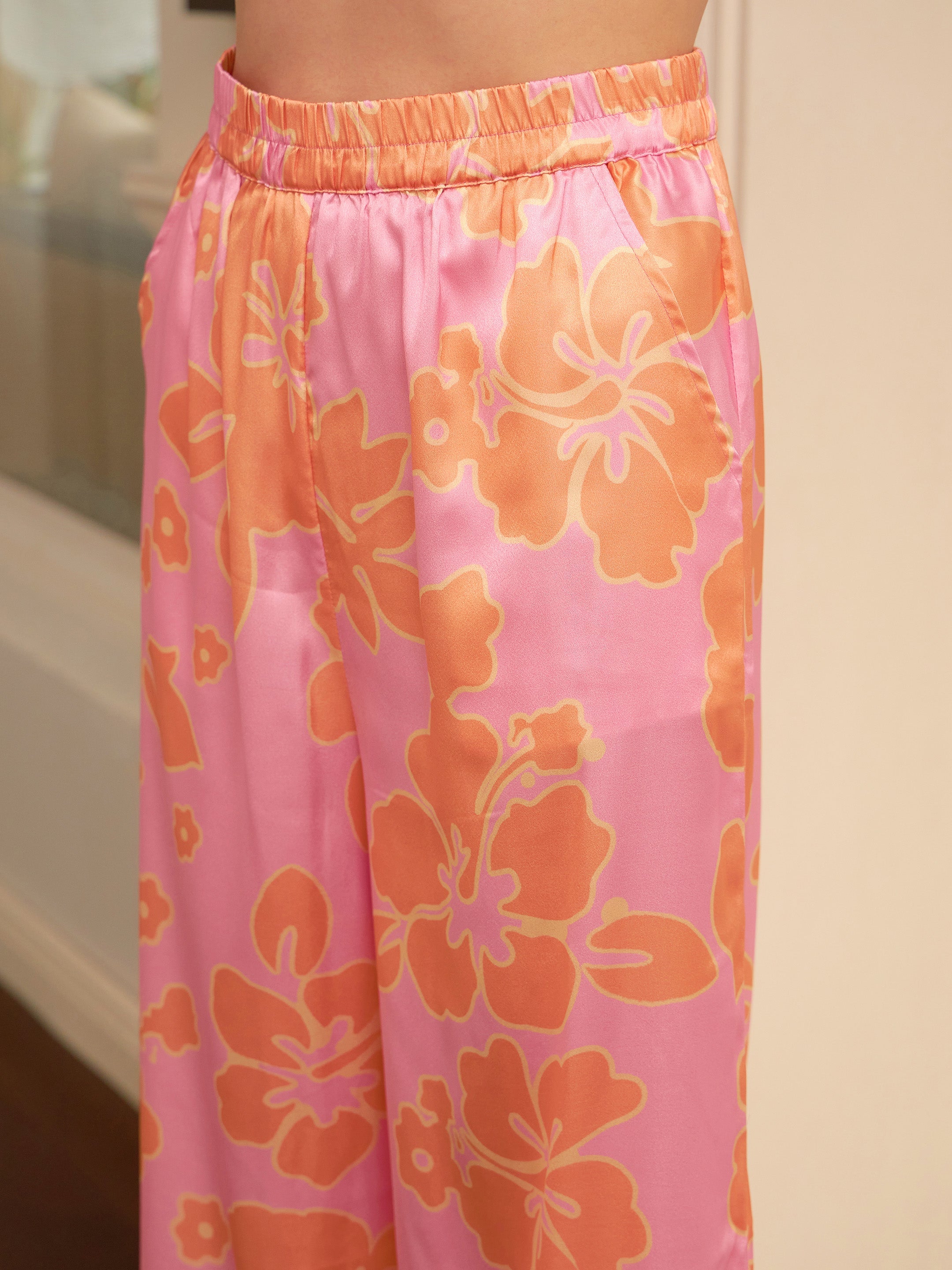 Women's Pink Satin Floral Wrap Belted Shirt With Lounge Pants - SASSAFRAS