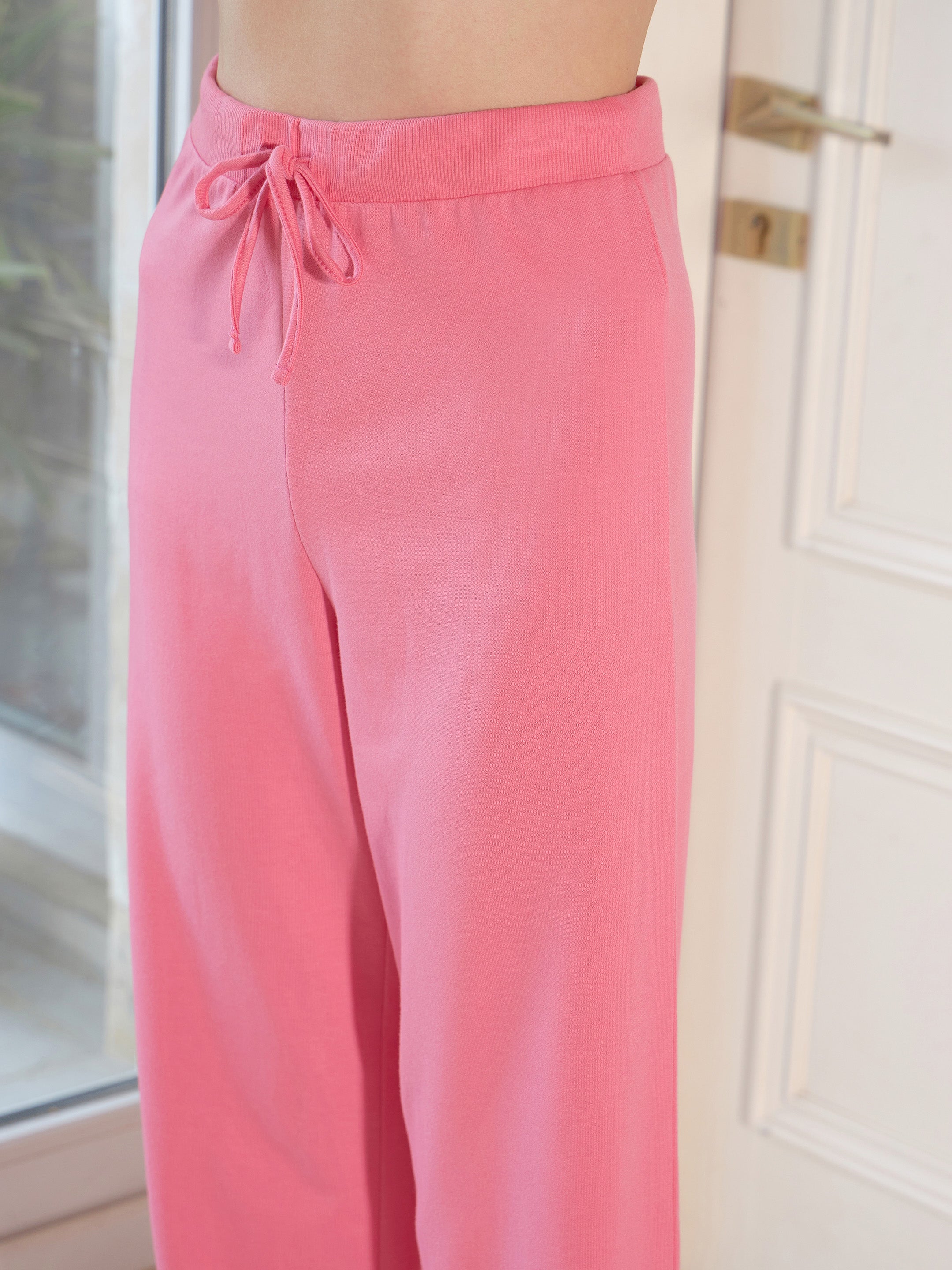 Women's Pink CONNECTED Terry Crop T-Shirt With Lounge Pants - SASSAFRAS