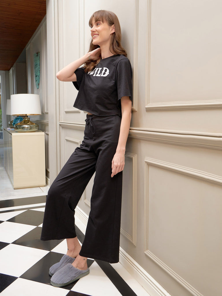 Women's Black Wild Terry Crop T-Shirt With Lounge Pant