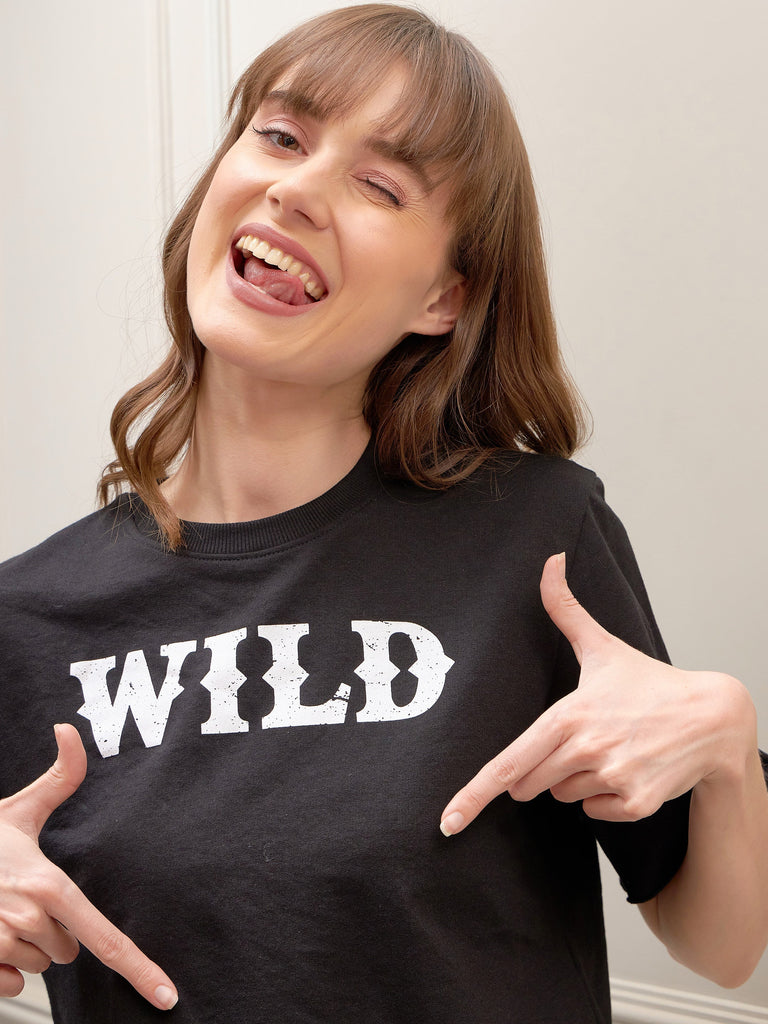 Women's Black Wild Terry Crop T-Shirt With Lounge Pant