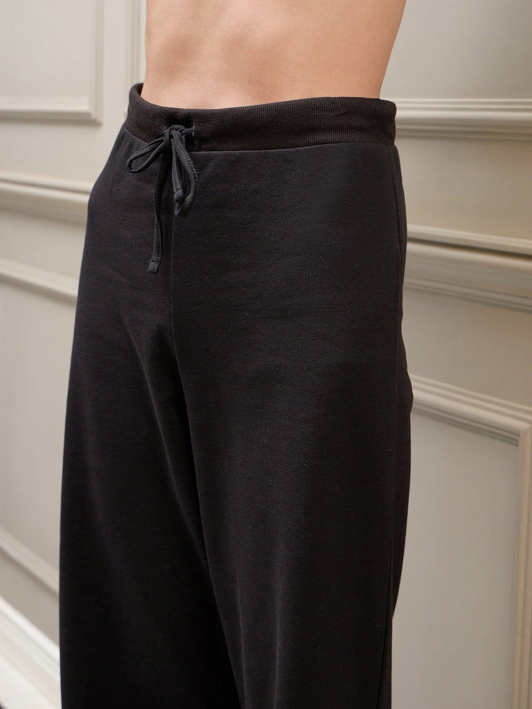 Women's Black Wild Terry Crop T-Shirt With Lounge Pant