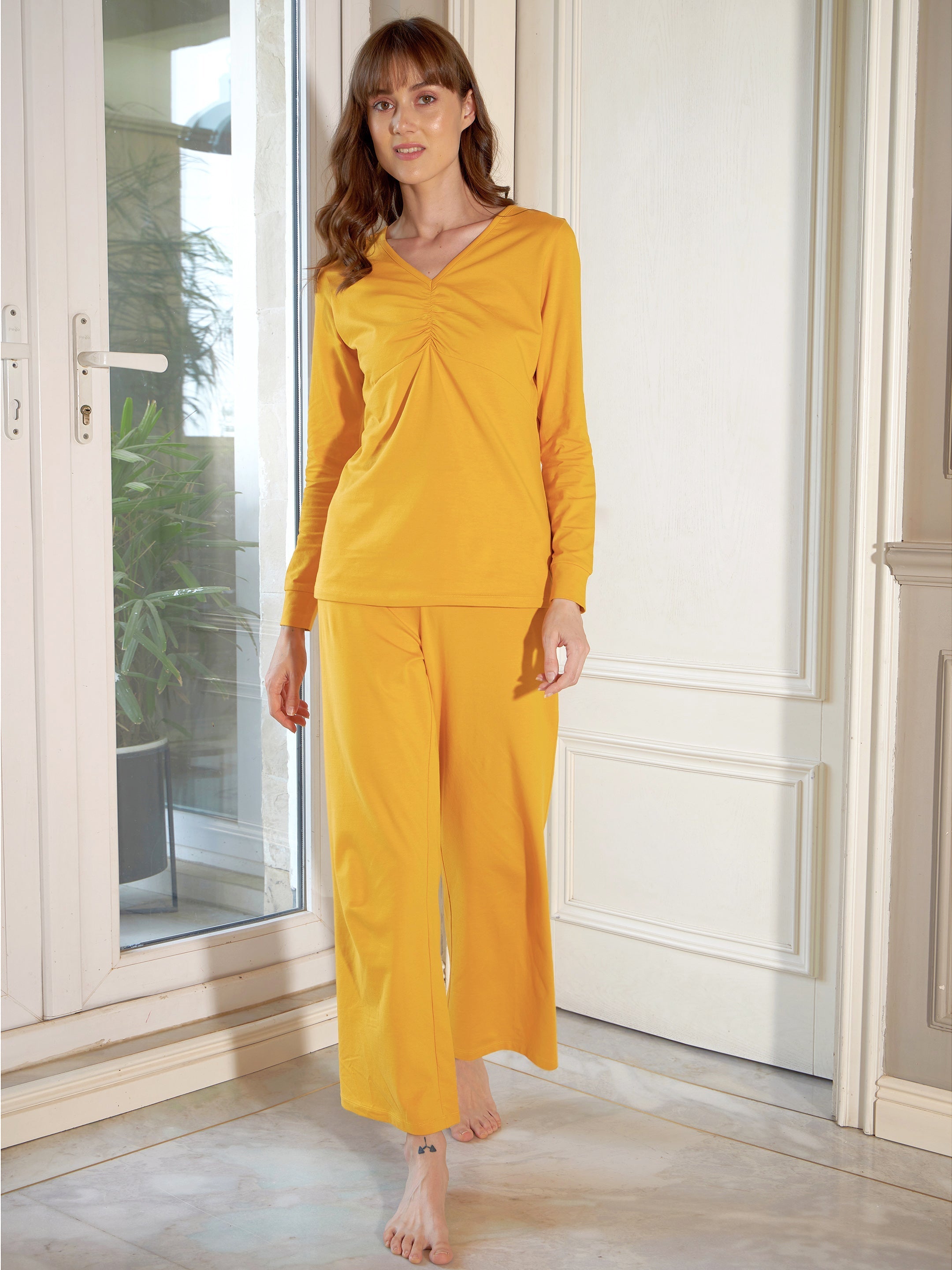 Women's Mustard Ruched T-Shirt With Lounge Pants - SASSAFRAS