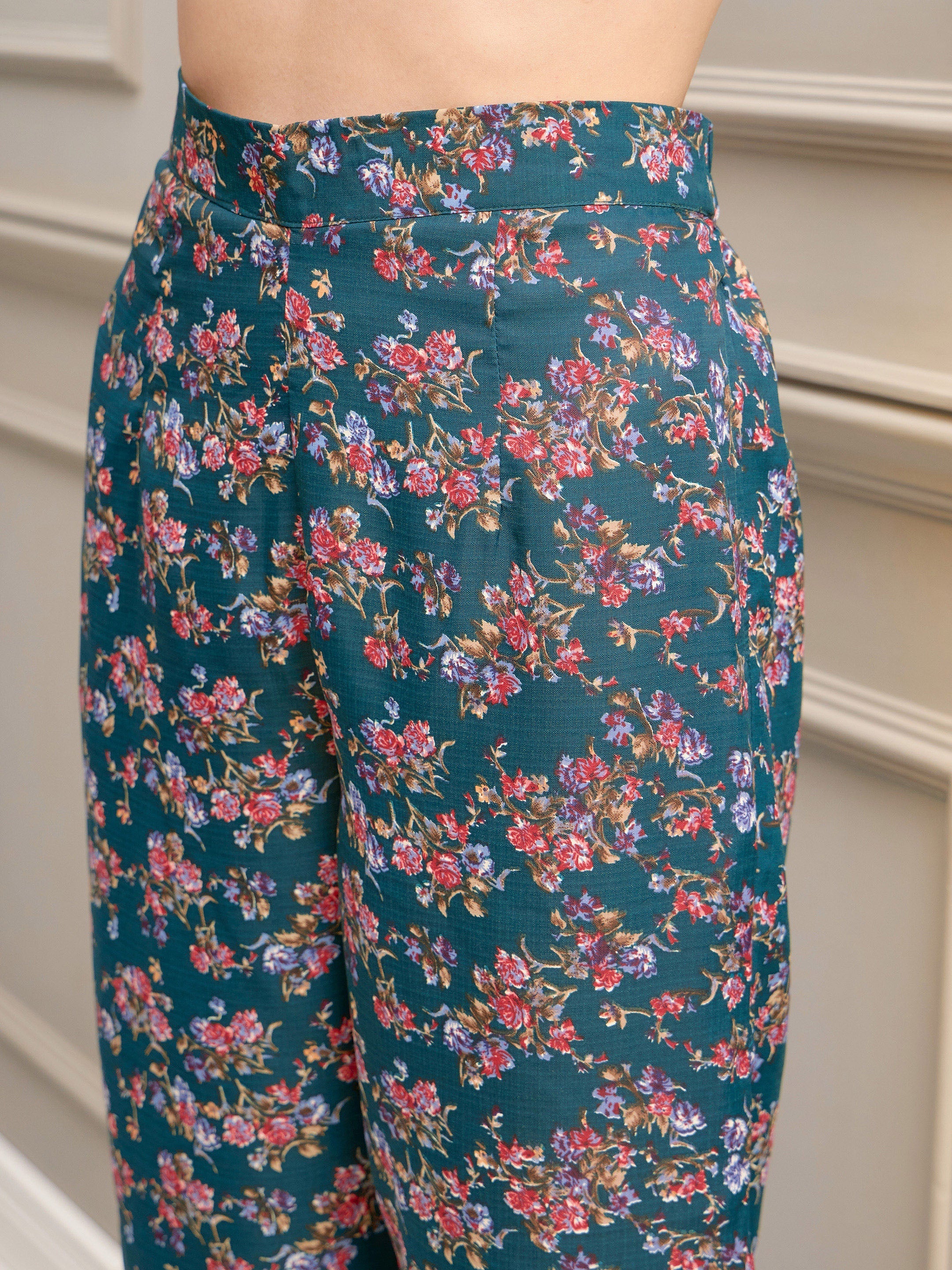 Women's Green Floral Notch Shirt With Lounge Pants & Strappy Top - SASSAFRAS