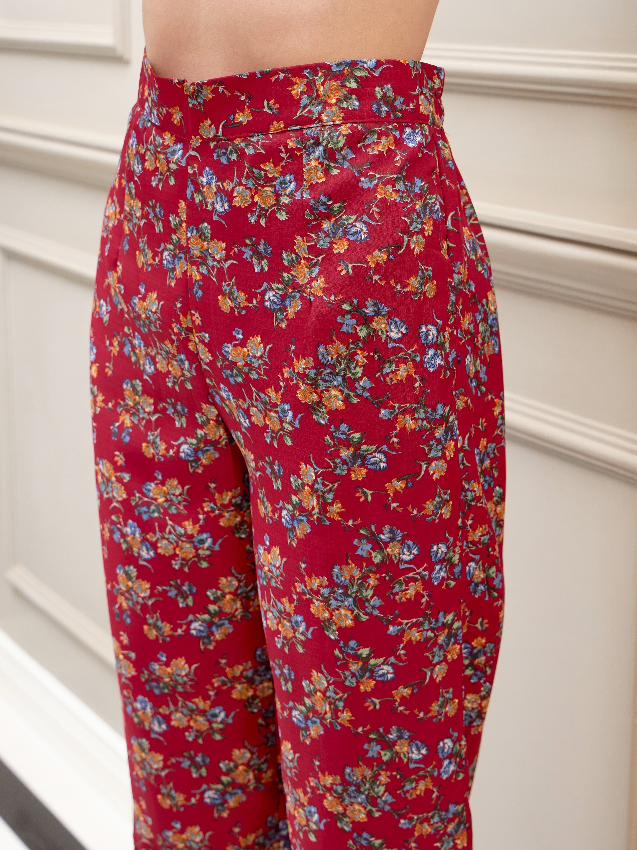 Women's Red Floral Notch Shirt With Lounge Pants & Strappy Top - SASSAFRAS