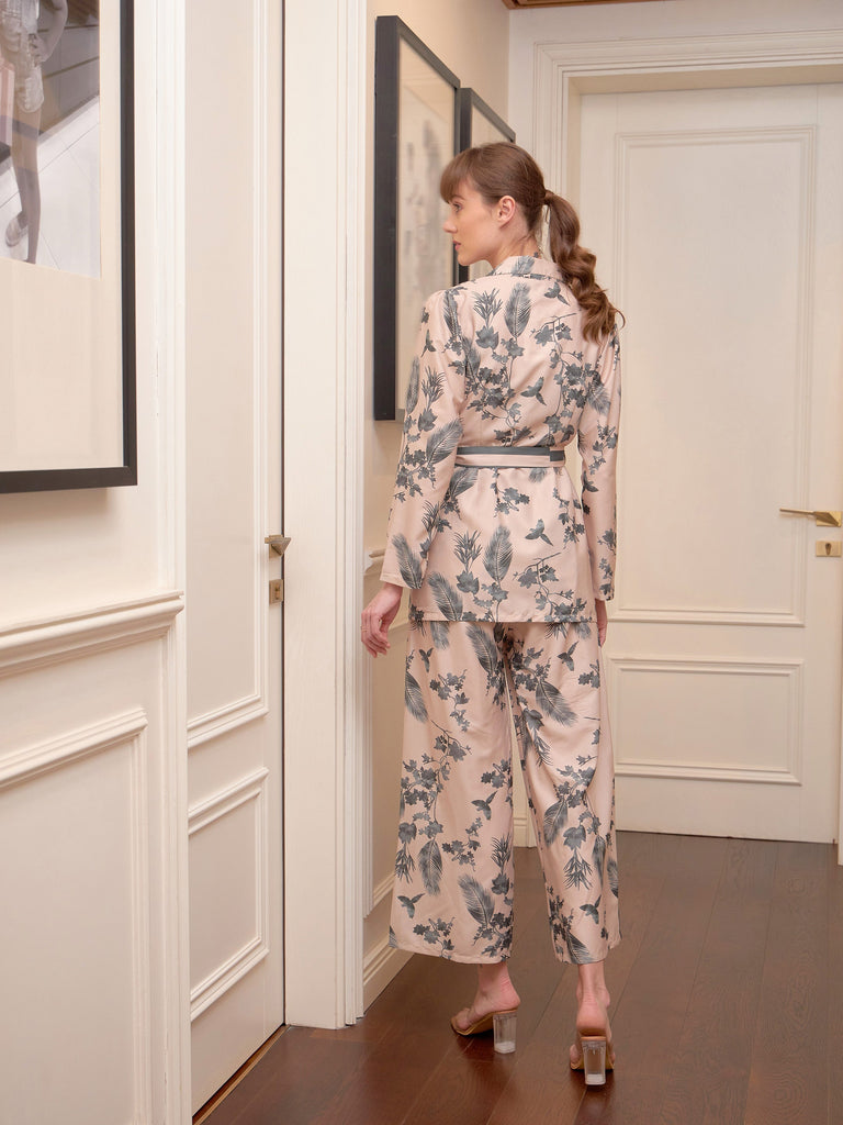 Women's Beige Floral Notch Collar Shirt With Lounge Pants