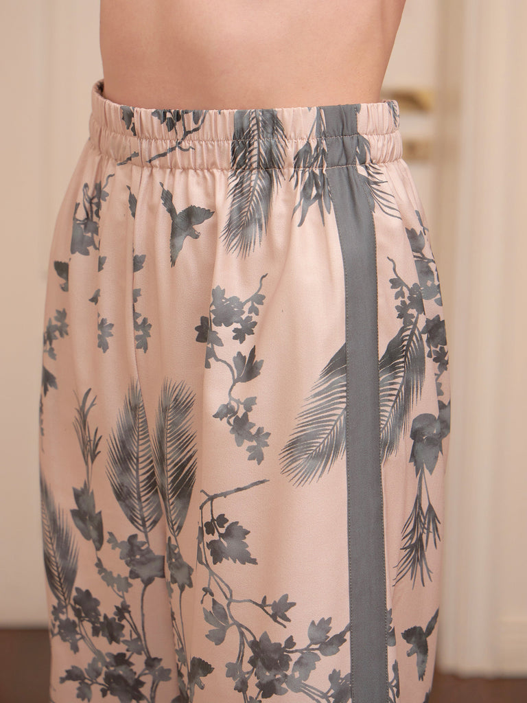 Women's Beige Floral Notch Collar Shirt With Lounge Pants