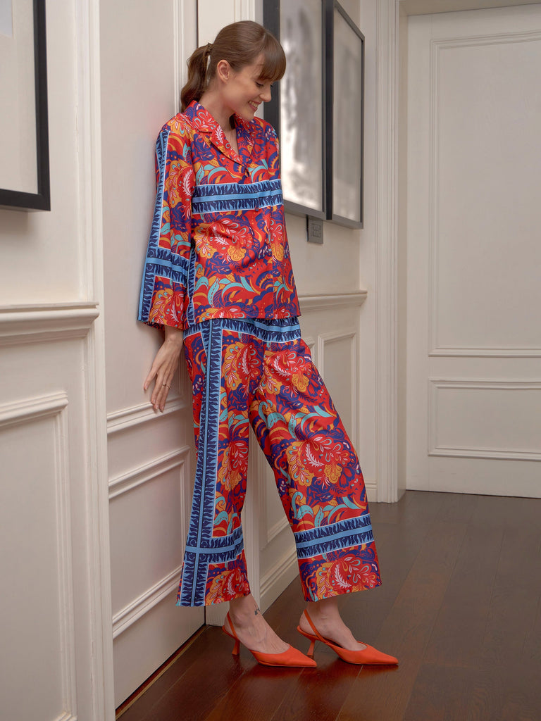 Women's Red Floral Notch Collar Shirt With Lounge Pants