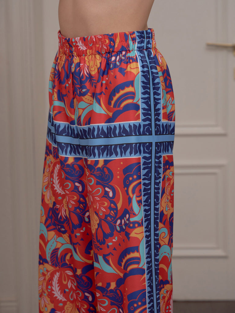 Women's Red Floral Notch Collar Shirt With Lounge Pants