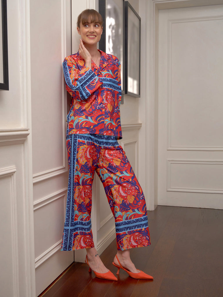 Women's Red Floral Notch Collar Shirt With Lounge Pants