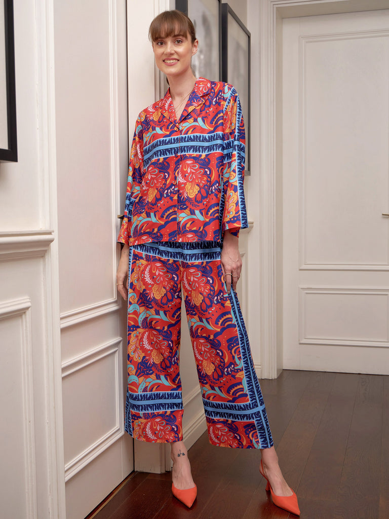 Women's Red Floral Notch Collar Shirt With Lounge Pants