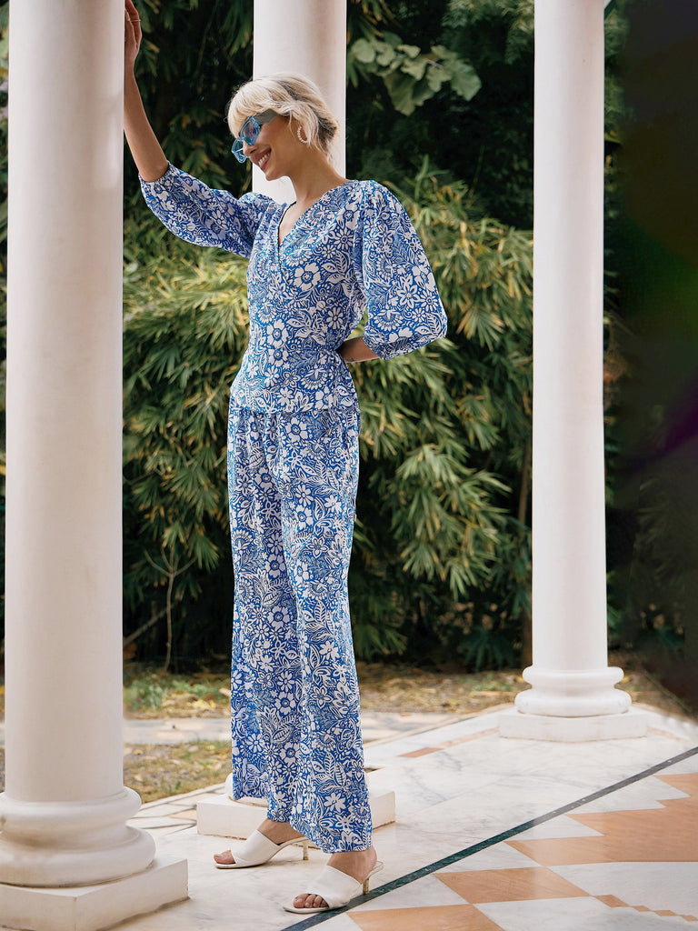 Women's Blue Floral Wrap Top With Palazzos
