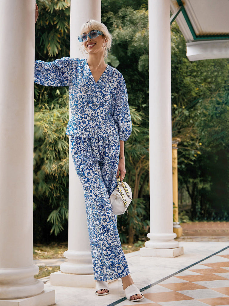 Women's Blue Floral Wrap Top With Palazzos