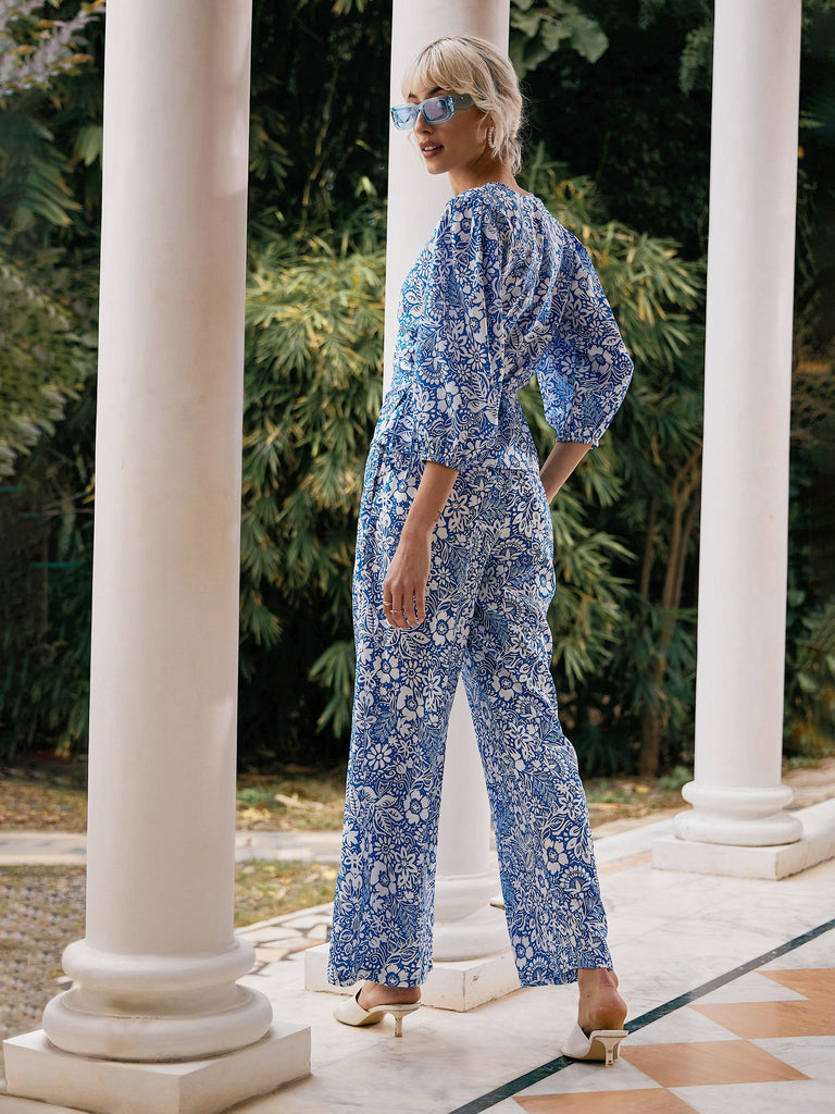 Women's Blue Floral Wrap Top With Palazzos