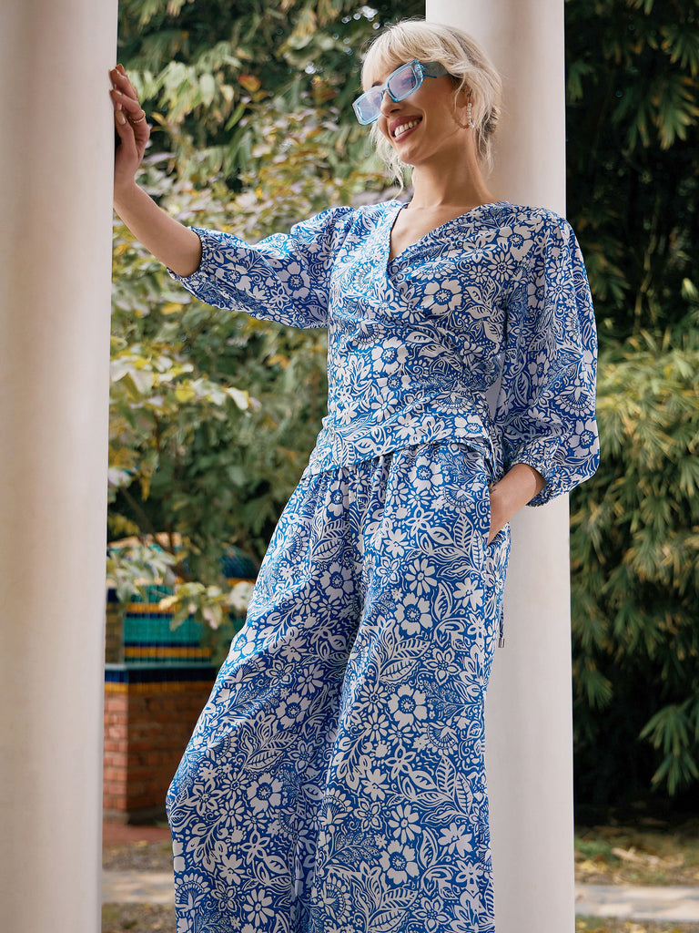 Women's Blue Floral Wrap Top With Palazzos