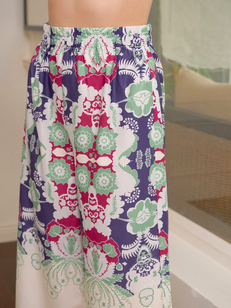 Women's Green & Magenta Floral Notch Shirt With Lounge Pants - SASS