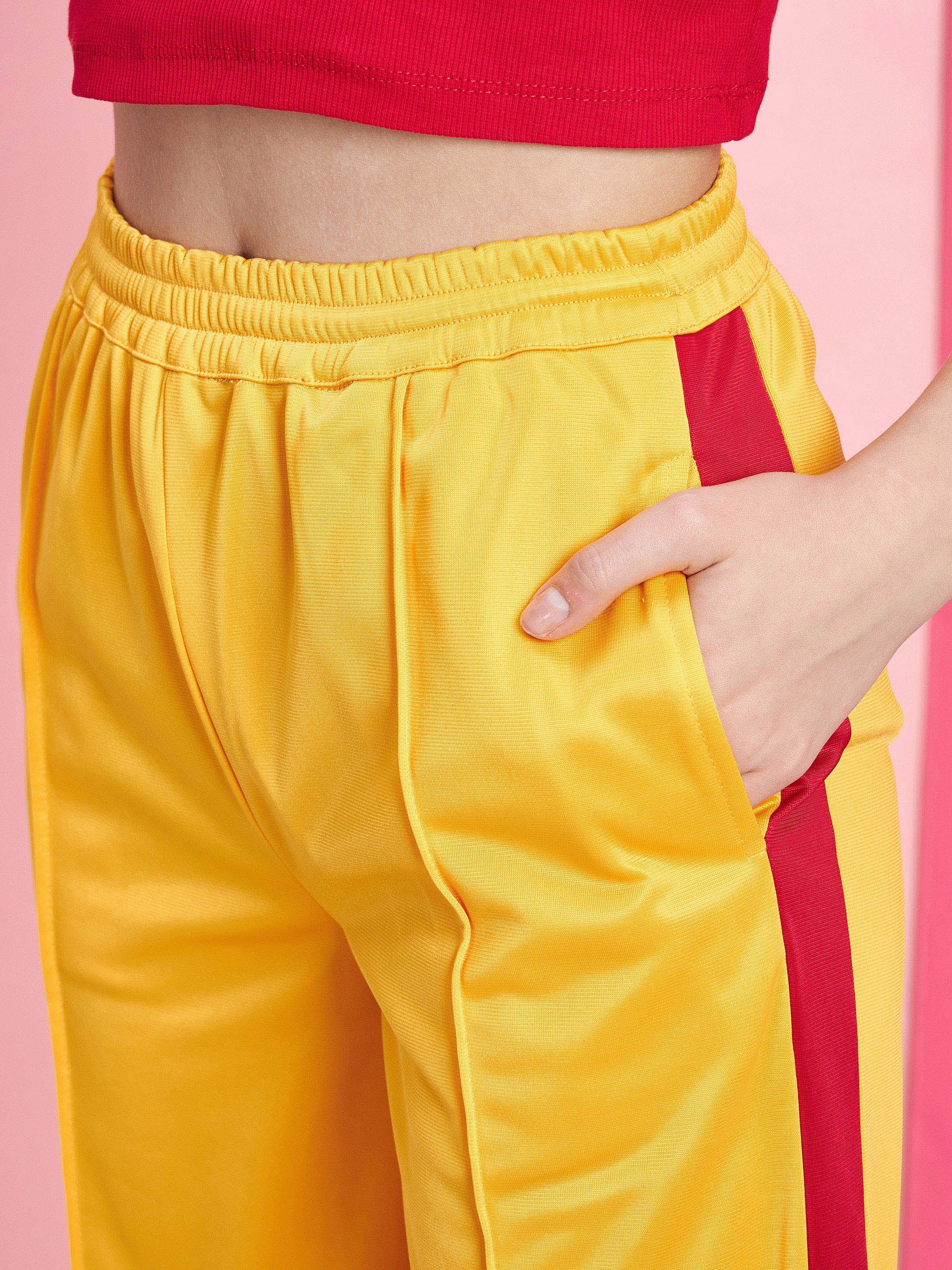 Women's Red Rib Crop Top With Yellow Side Button Track Pants - SASSAFRAS