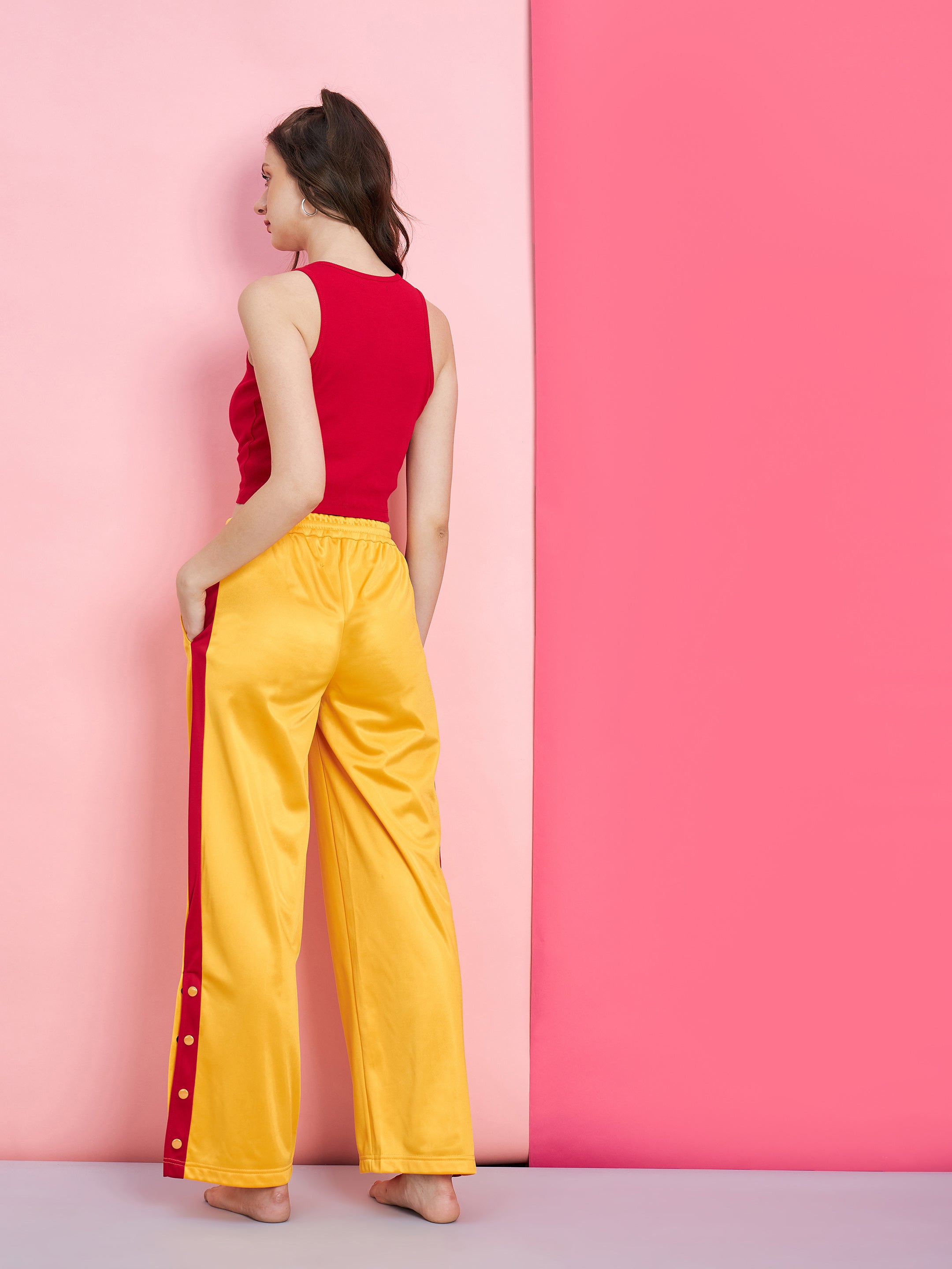 Women's Red Rib Crop Top With Yellow Side Button Track Pants - SASSAFRAS